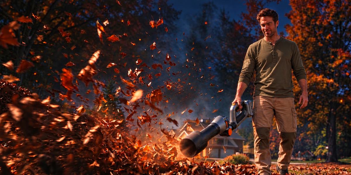 Teslong leaf blower clearing autumn leaves in a Halloween yard at dusk.