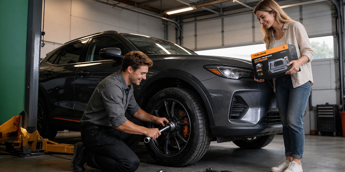 Mechanic changing an SUV tire while a woman holds a boxed TESLONG portable tire inflator