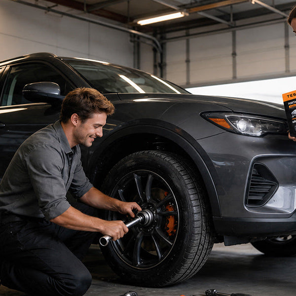 Mechanic changing an SUV tire while a woman holds a boxed TESLONG portable tire inflator