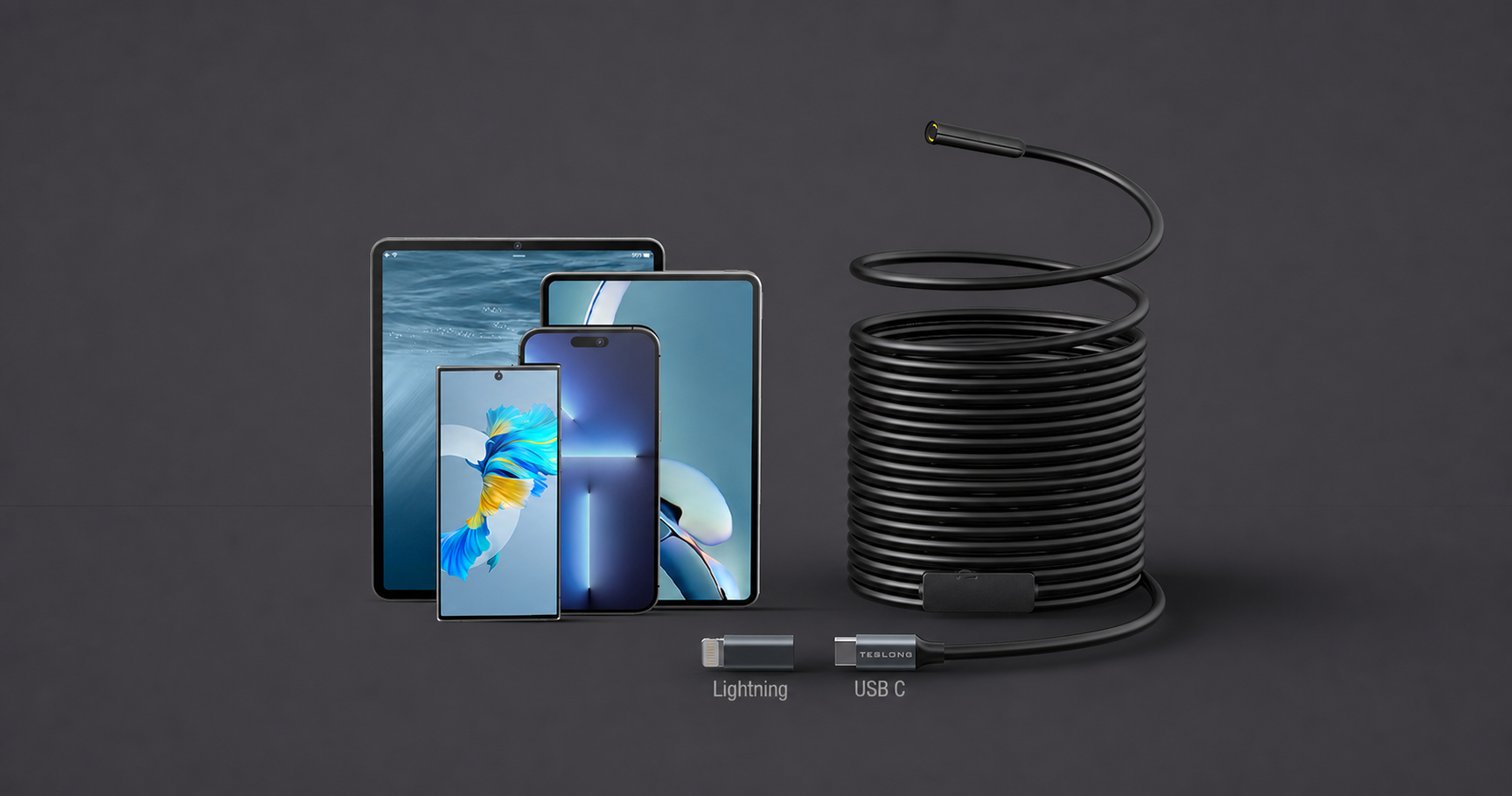 Flexible inspection camera with Lightning and USB-C connectors beside compatible mobile devices