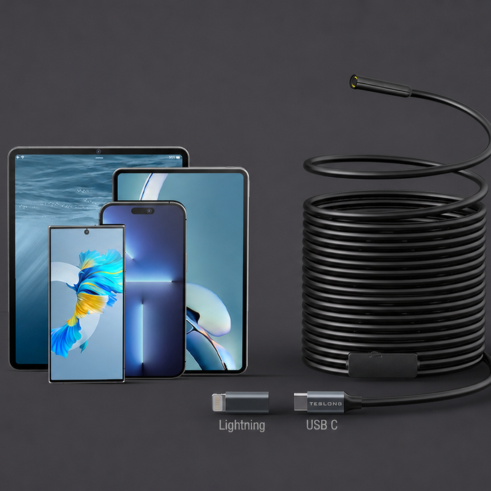 Flexible inspection camera with Lightning and USB-C connectors beside compatible mobile devices