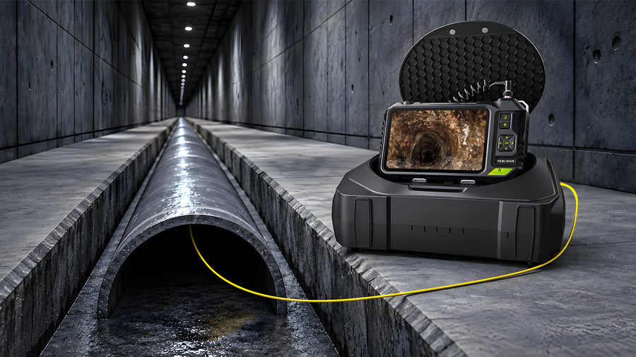 Industrial borescope system monitoring a large underground sewer tunnel.