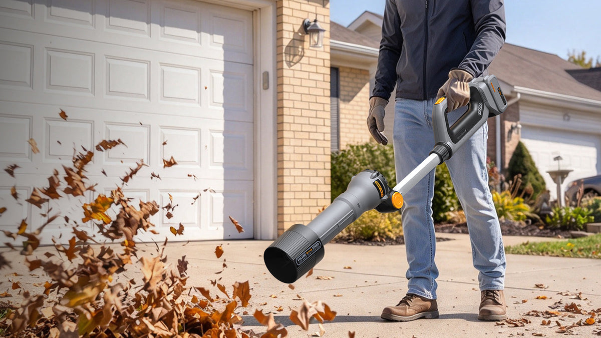 **Image 3:** A man uses a cordless leaf blower to clear fallen leaves from a driveway.