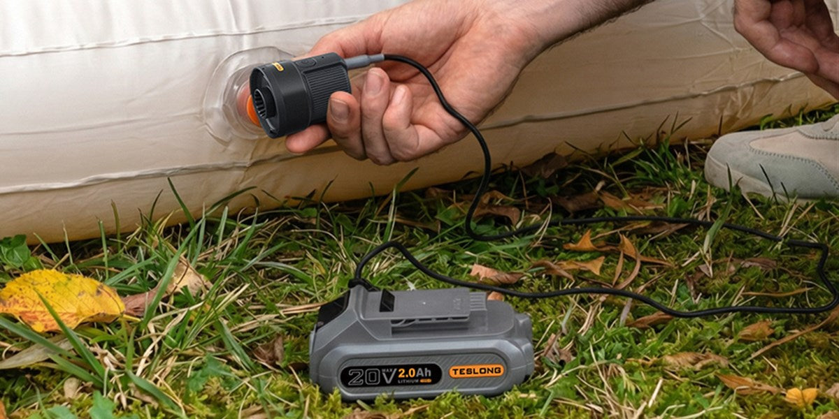 20V battery pack powering an air pump to inflate an outdoor air mattress valve