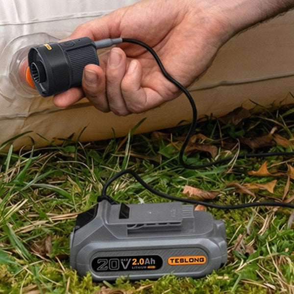 20V battery pack powering an air pump to inflate an outdoor air mattress valve