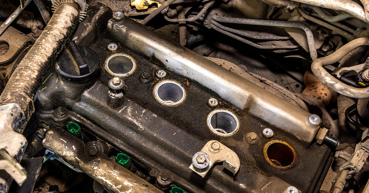 Dirty vehicle engine with the valve cover removed, exposing open spark plug wells and internal components