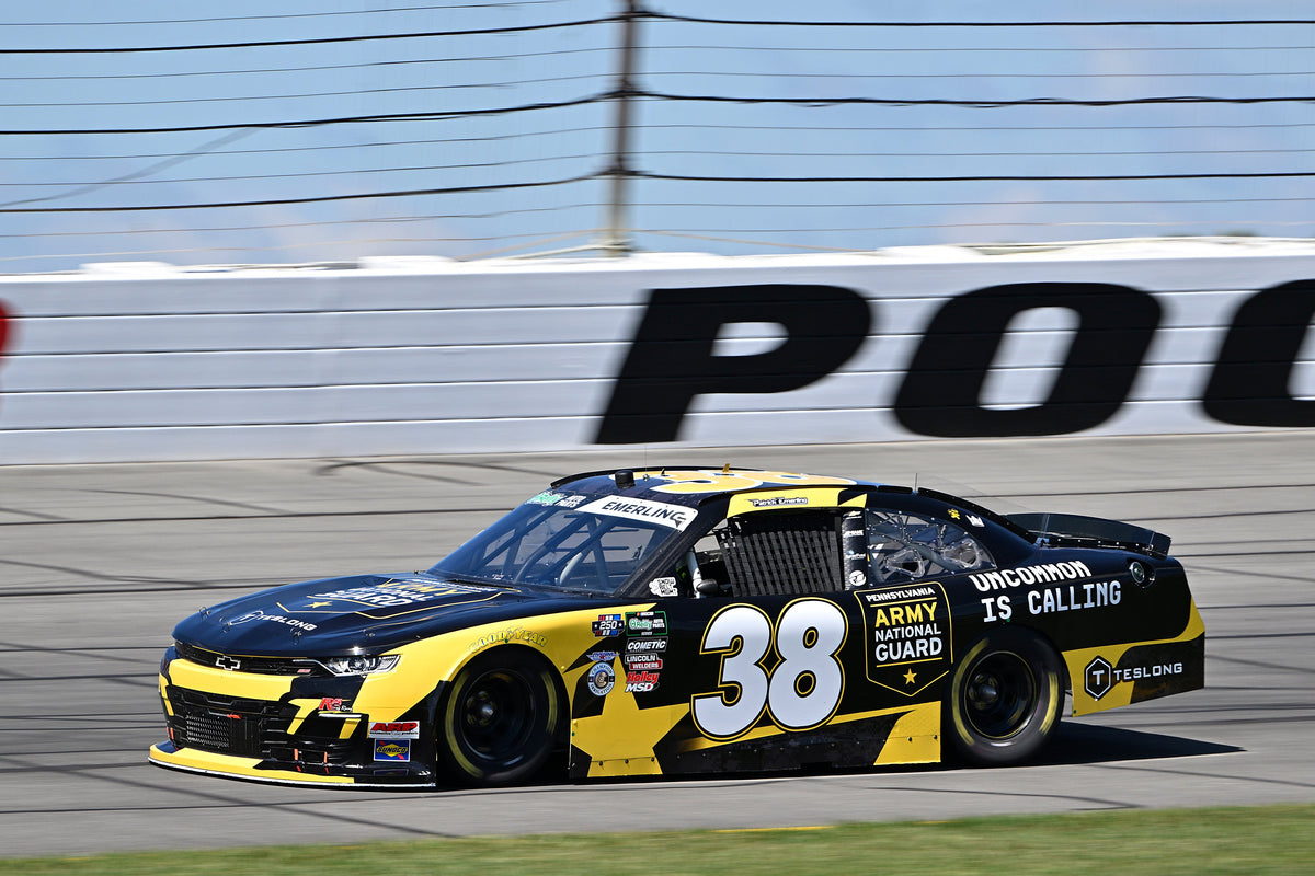 Patrick Emerling’s No. 38 Chevrolet with Teslong branding on track at Pocono Raceway