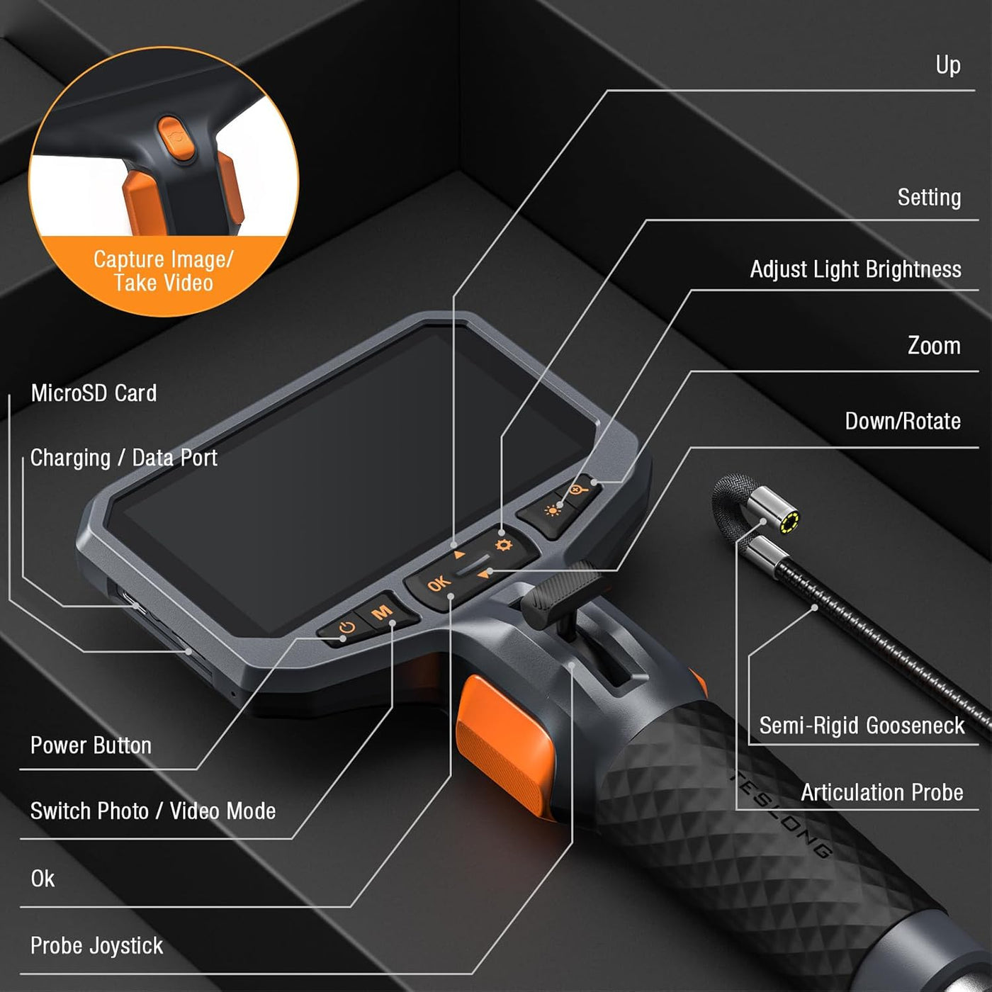 8.5mm Articulating Inspection Camera, 4.5in Screen — Teslong