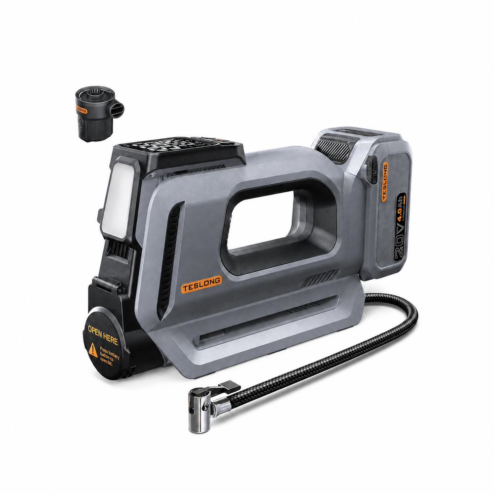 Teslong AC-W02US 20V dual-cylinder portable tire inflator with removable battery and high-volume pump
