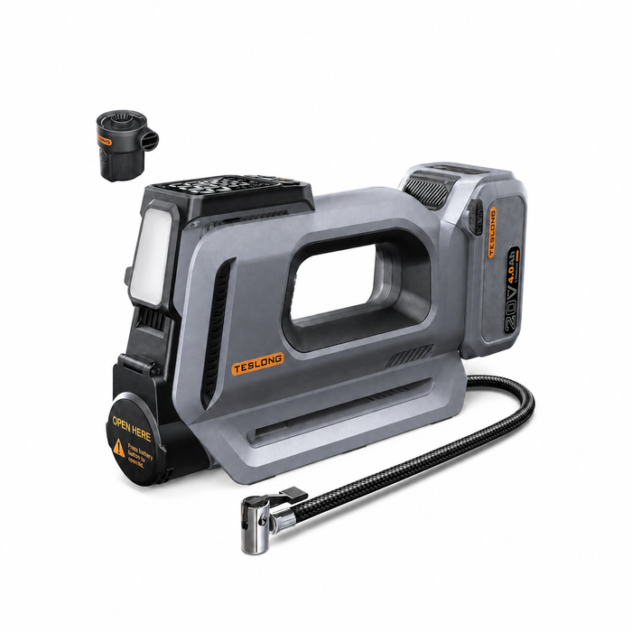 Teslong AC-W02US 20V dual-cylinder portable tire inflator with removable battery and high-volume pump