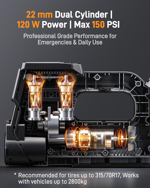 Cutaway view of the AC-W02US dual-cylinder compressor with 120W power and 150 PSI maximum pressure