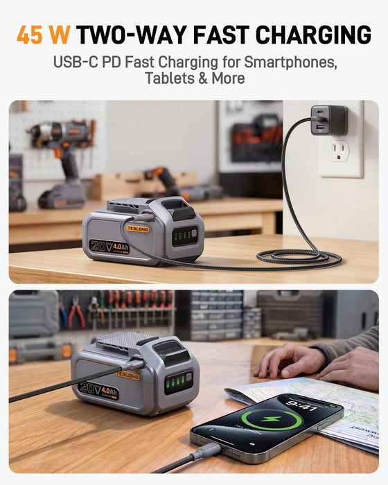 Teslong 20V 4.0Ah battery using 45W bidirectional USB-C fast charging
