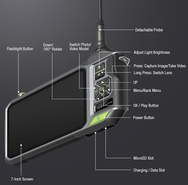 Dual Lens Inspection Camera, 7-Inch HD Screen — Teslong Dual Lens Inspection Camera, 7-Inch HD Screen — Teslong
