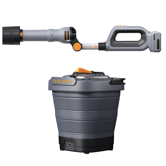 Teslong LB-L01 leaf blower and XS-MINI folding pressure washer outdoor cleanup kit on a white background