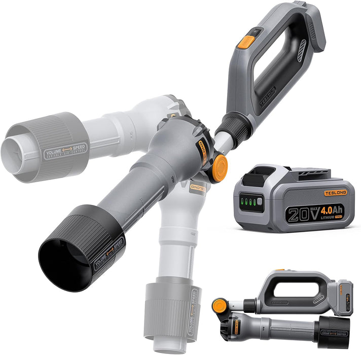 Teslong LB-L01 20V brushless leaf blower with 4.0Ah battery shown in adjustable and folded positions