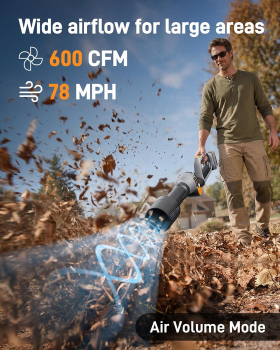 Teslong LB-L01 leaf blower in Air Volume mode delivering up to 600 CFM for wide-area leaf cleanup