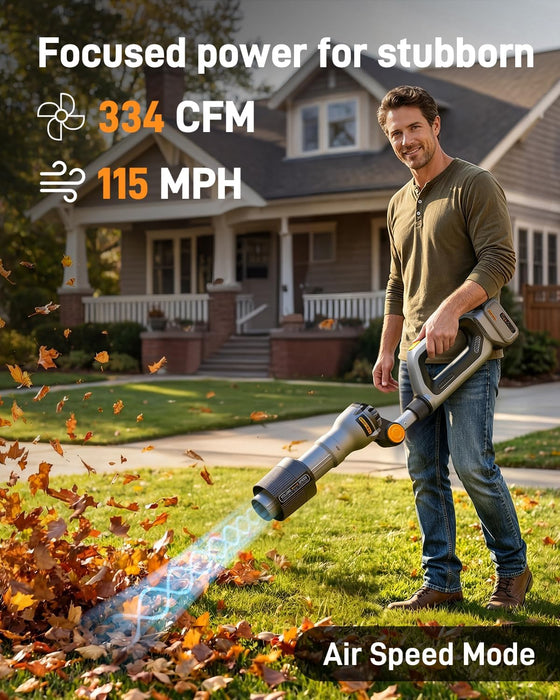 Teslong LB-L01 leaf blower in Air Speed mode delivering up to 115 MPH for concentrated debris clearing
