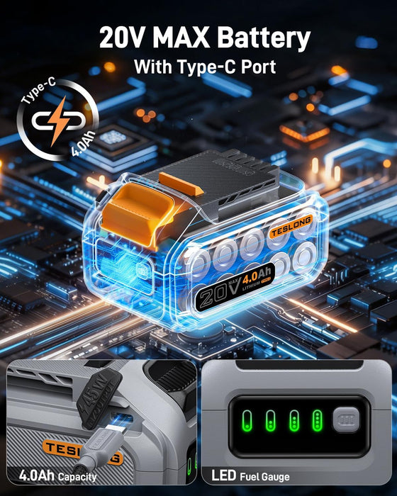 Teslong 20V 4.0Ah battery with USB-C Type-C port and LED fuel gauge