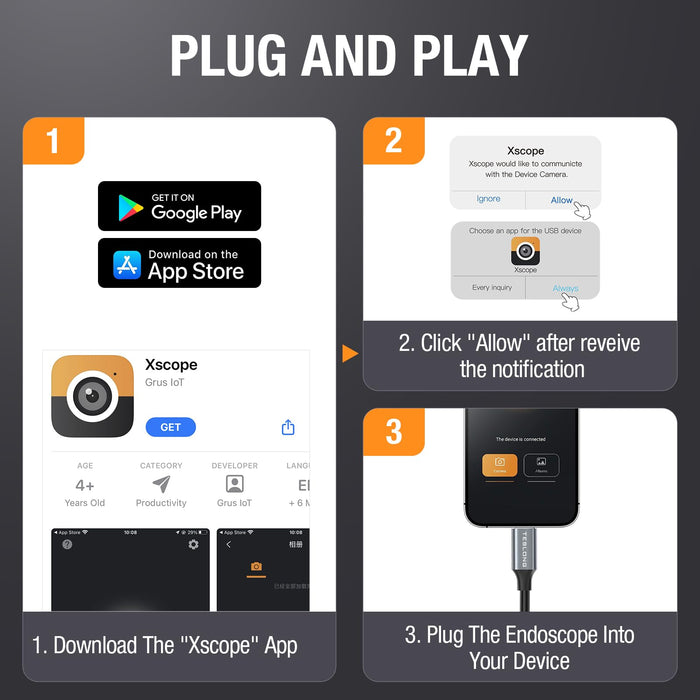 Xscope app download, device permission and USB-C connection steps