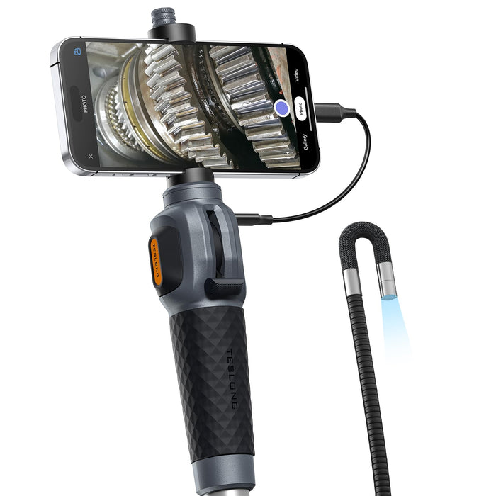 TD300 USB-C articulating borescope with phone holder and flexible probe; phone shown for illustration