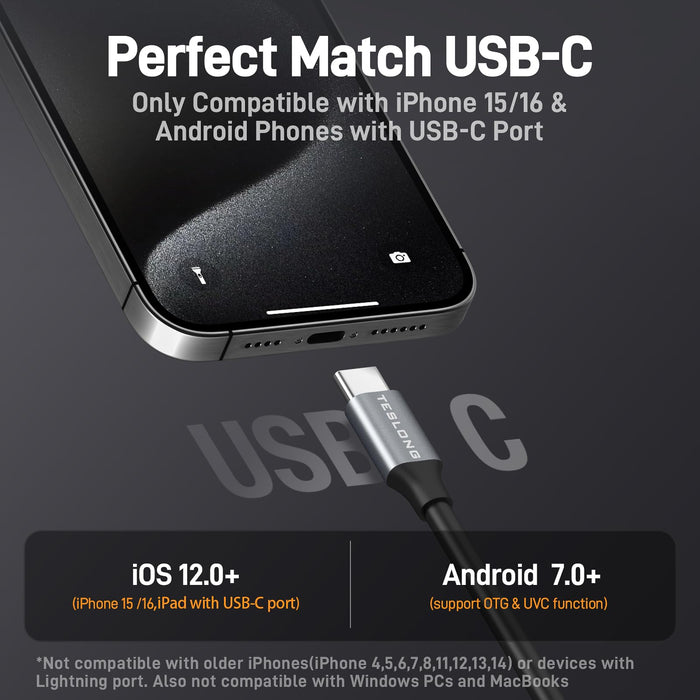 TD300 USB-C compatibility diagram for supported iPhone and Android devices