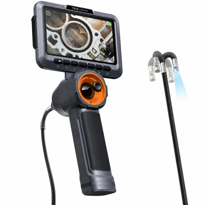 Teslong TF550 dual-lens four-way articulating borescope with 5-inch screen and 6.5 mm probe