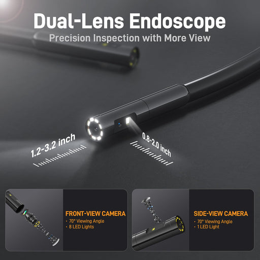TS43 front and side cameras with illustrated viewing angles, focus ranges and LED lights