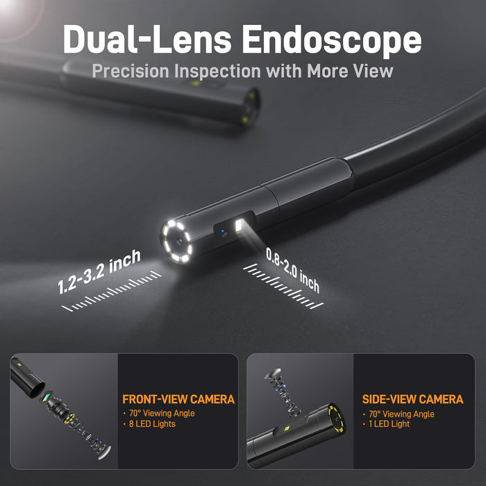 TS43 front and side cameras with illustrated viewing angles, focus ranges and LED lights