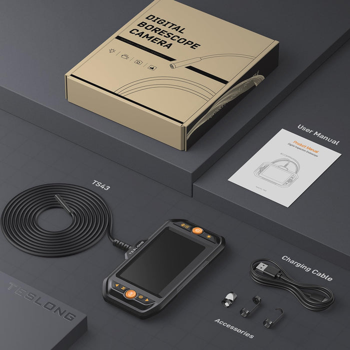TS43 camera, charging cable, accessories and user manual