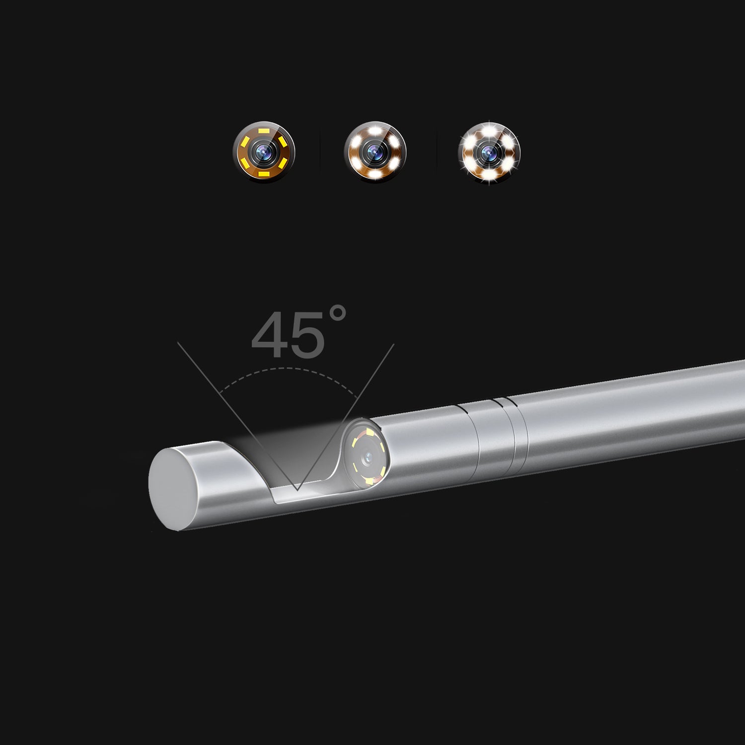 Close-up of borescope tip with six adjustable LED ring lights and a side-view mirror