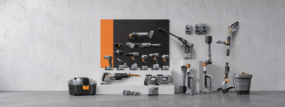 Teslong cordless power tool range displayed on a workshop wall