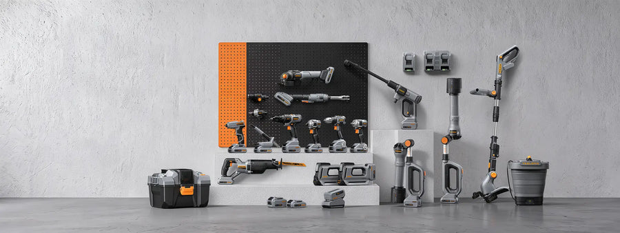 Teslong cordless power tool range displayed on a workshop wall