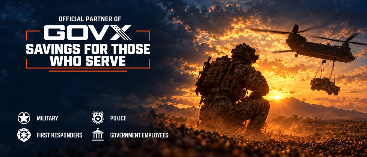 Teslong GOVX savings for military, police, first responders and government employees, with a service member and helicopter at sunset.