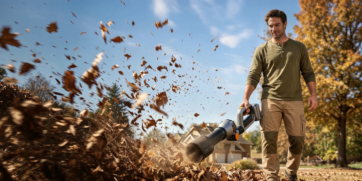 Man using a Teslong cordless leaf blower to clear leaves.