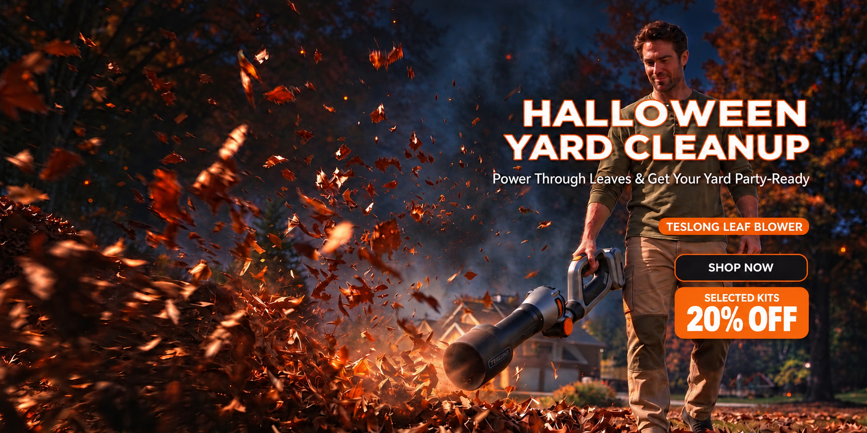 Teslong leaf blower clearing autumn leaves in a Halloween yard at dusk.